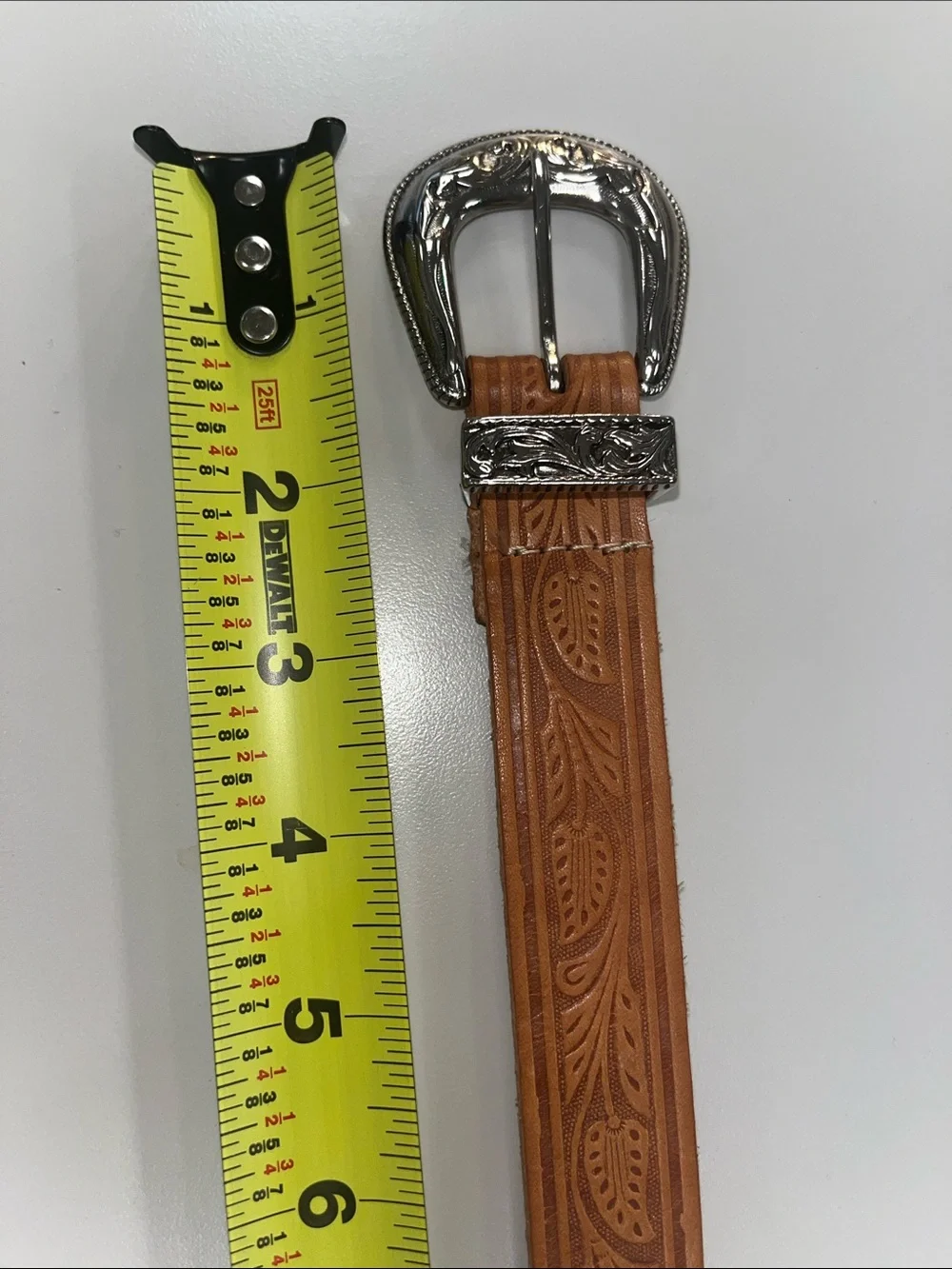 Source Unknown Tooled Leather Belt - Tan with Silver Tone Hardware